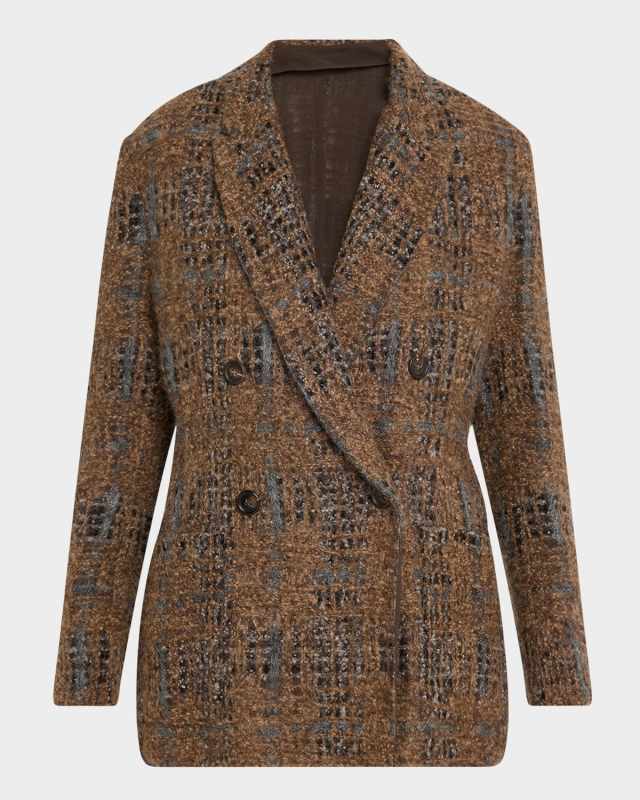 Tartan Organza Paillette Knit Double-Breasted Blazer